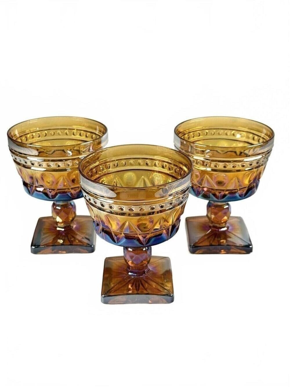 Set of 3 Indiana Glass Amber Carnival Iridescent Dessert Sherbet Square Base